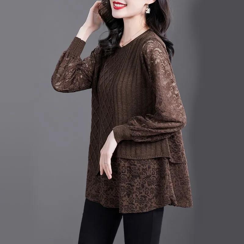 Women's Plus Size Stylish Knit Sweater: Mid-Length, Two-Piece Look, Perfect for Spring, Autumn, Winter