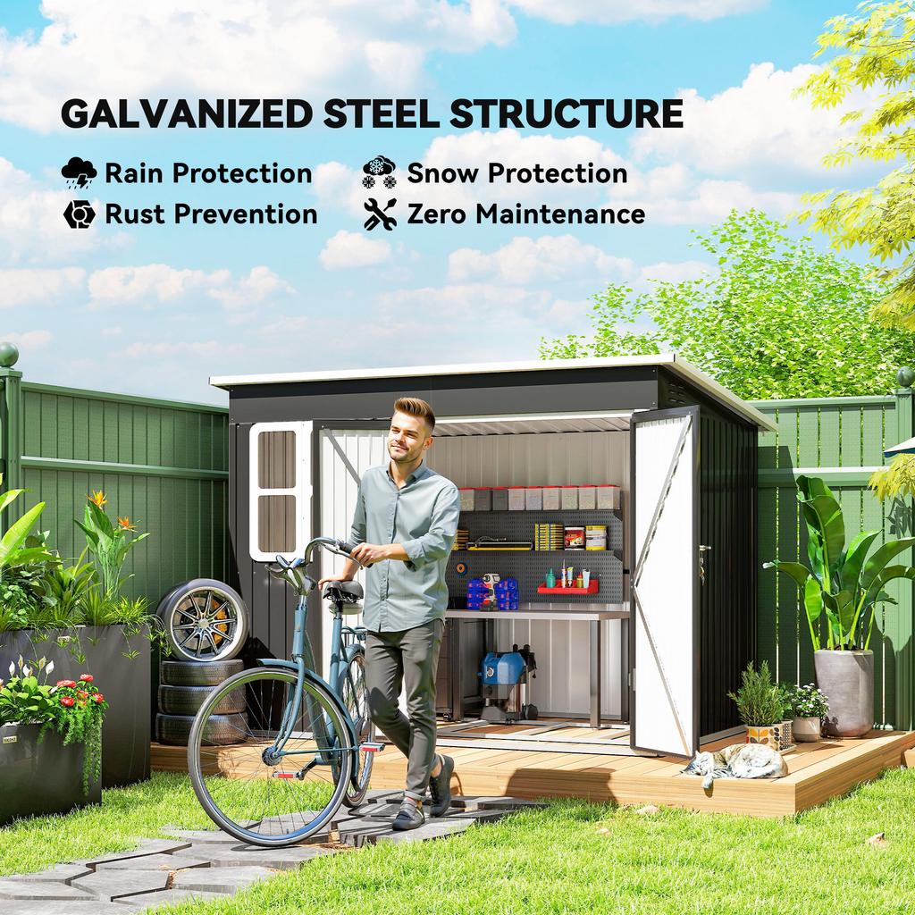 8.5 X 6ft Storage Shed Galvanised Steel Garden Shed, Metal Shed with Foundation Kit, Window, Lockable Wide Doors and Air Vents for Outdoor Patio