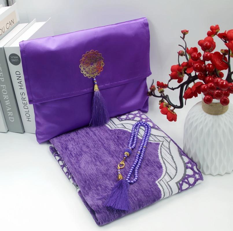 Fashionable Polyester Prayer Rug Portable Braided Mats Simply Print Muslim with Compass In Pouch Travel Mat