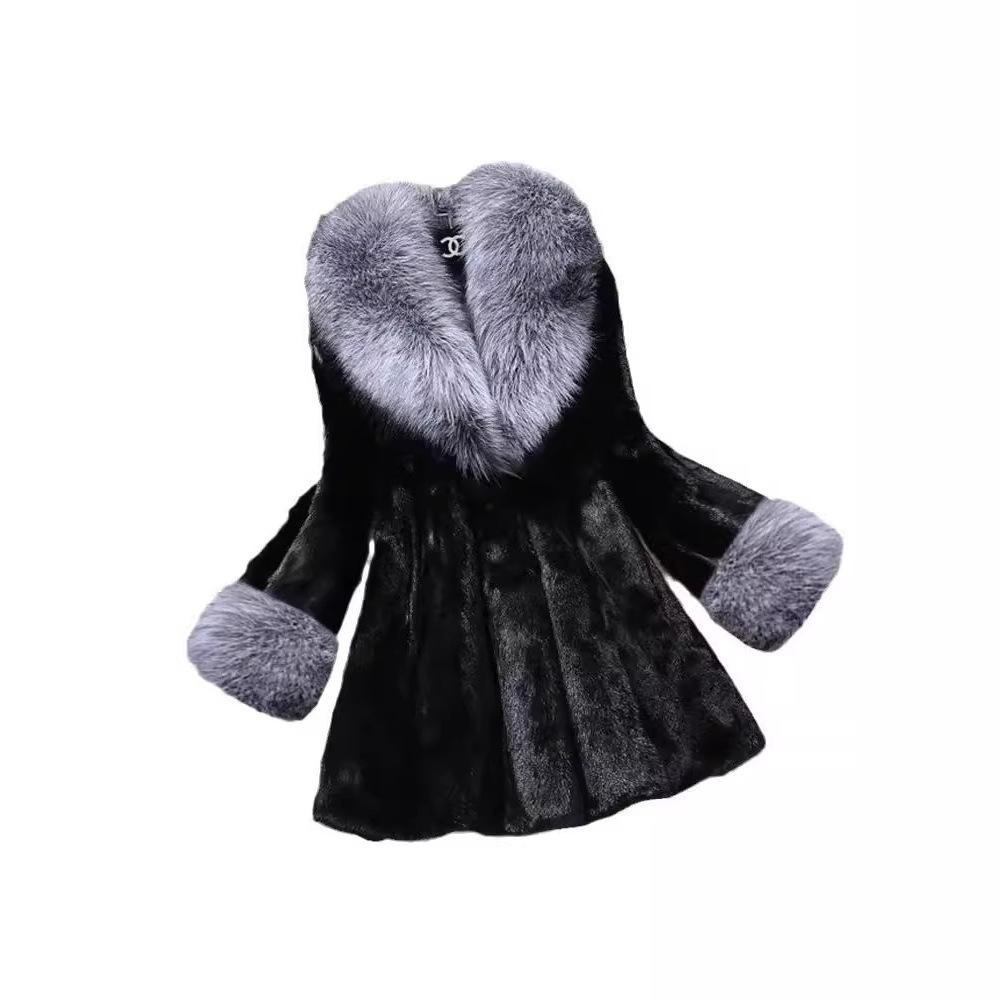 Women's Mid-Length Faux Fur Coat with Large Collar
