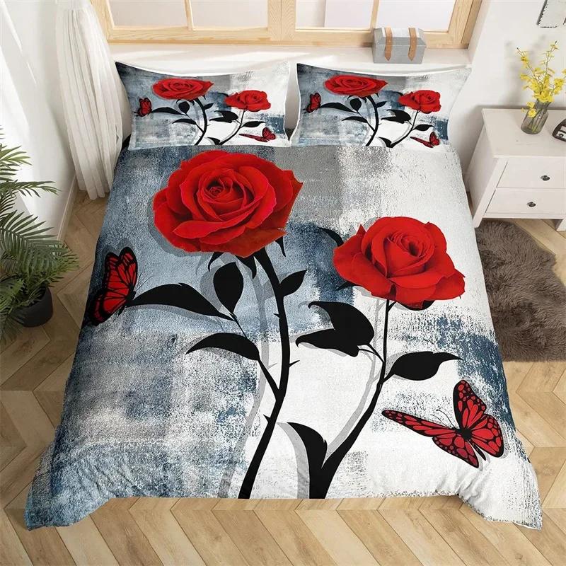 Rose Flower Duvet Cover Single King Oil Painting Butterfly Floral Bedding Set Microfiber Vintage Watercolor Artwork Quilt Cover