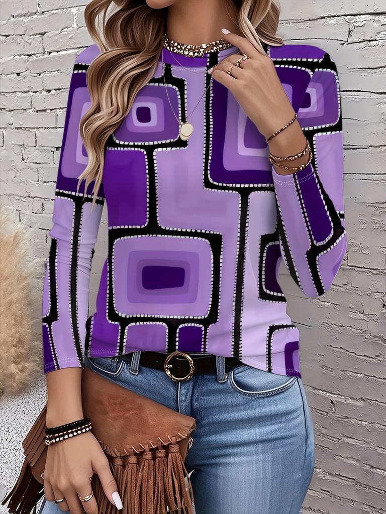 Brightly Colored Checkered Pattern Women's Round Neck Long-sleeved Top, a Stylish and Casual Everyday Look, a New 2026 Style.