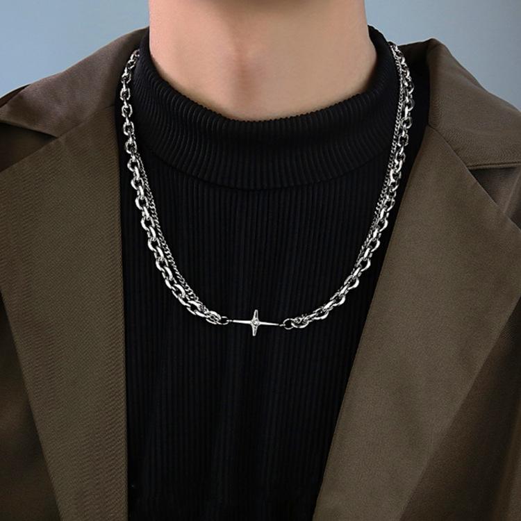 

Японская и корейская двухслойная ключичная цепь: Ожерелье из титановой стали в стиле хип-хоп с крестом и звездой для мужчин и женщин