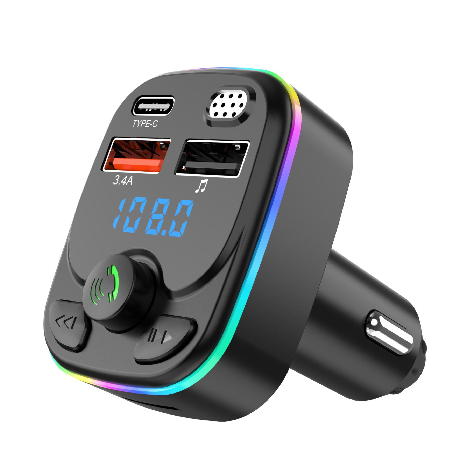 

Bluetooth 5.0 Car FM Transmitter PD Type-C Dual USB Ambient Player Car MP3 Charger Type-C Wireless Light 18W Handsfree PD QC3.0