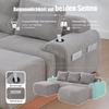 Modular Corduroy Sofa for 3 People (with 2 Stools), Freely Combinable, Including Drink Holder and Storage Pocket, Ideal for Living Room. Light Gray