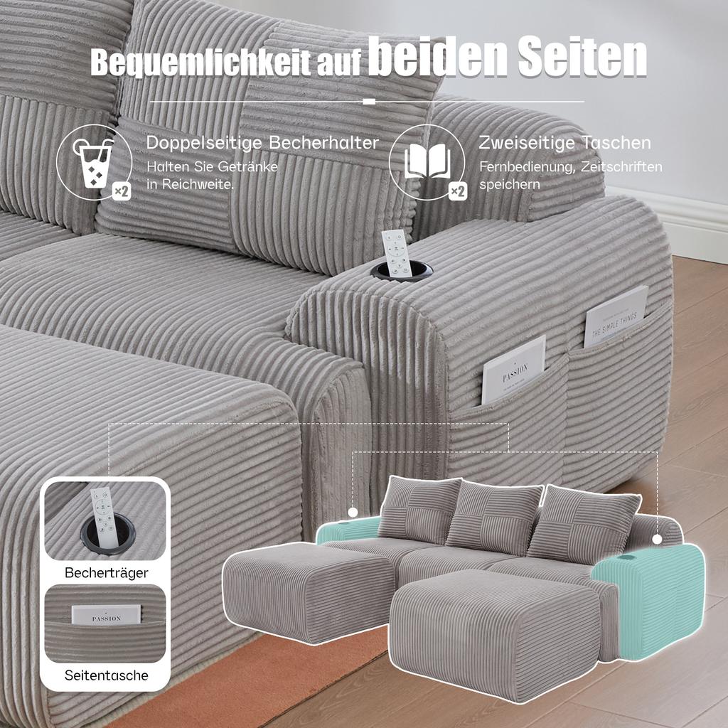 Modular Corduroy Sofa for 3 People (with 2 Stools), Freely Combinable, Including Drink Holder and Storage Pocket, Ideal for Living Room. Light Gray