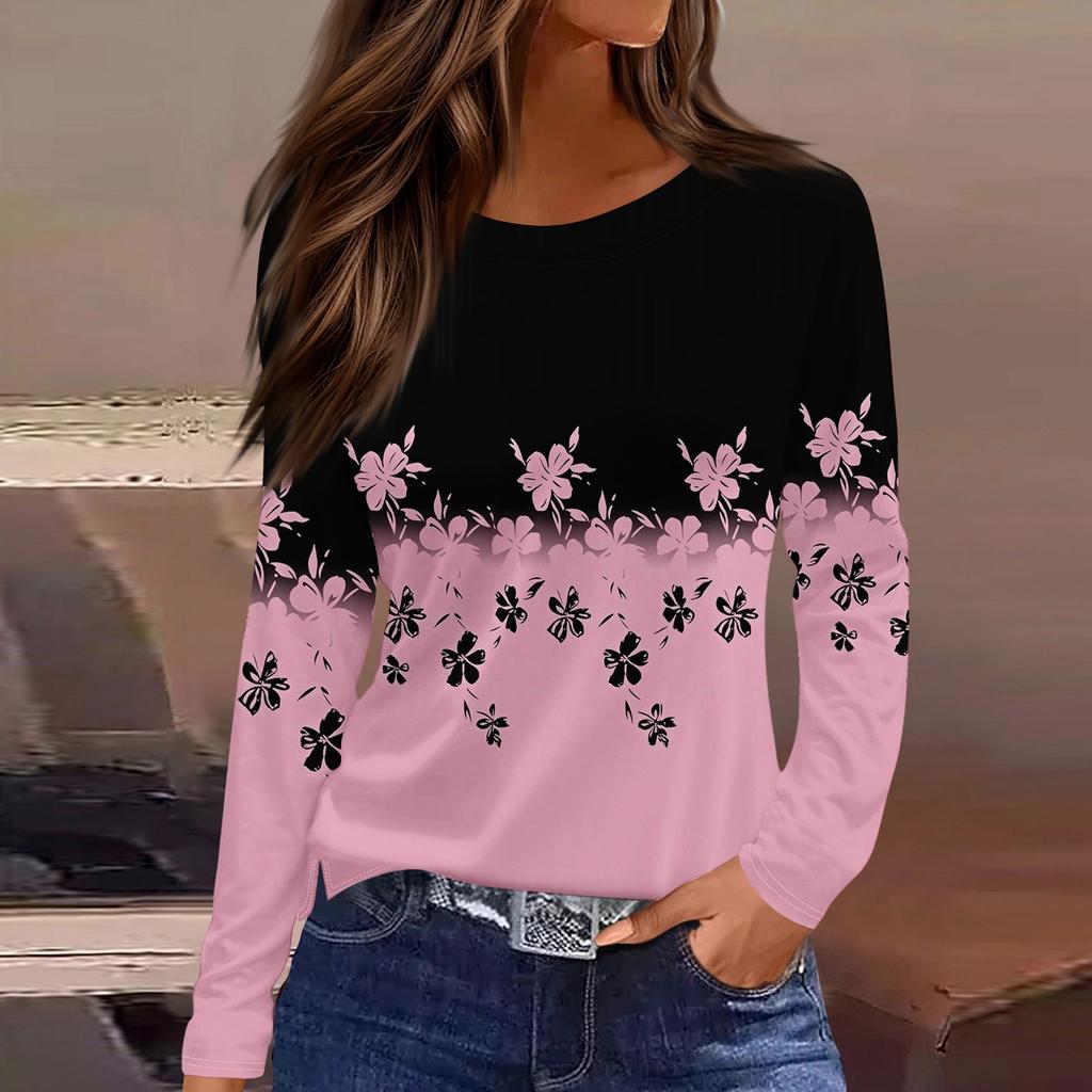 Women's Fashion Casual Slit Hem Round Neck Long Sleeve Loose Printed T-Shirt Ladies Top