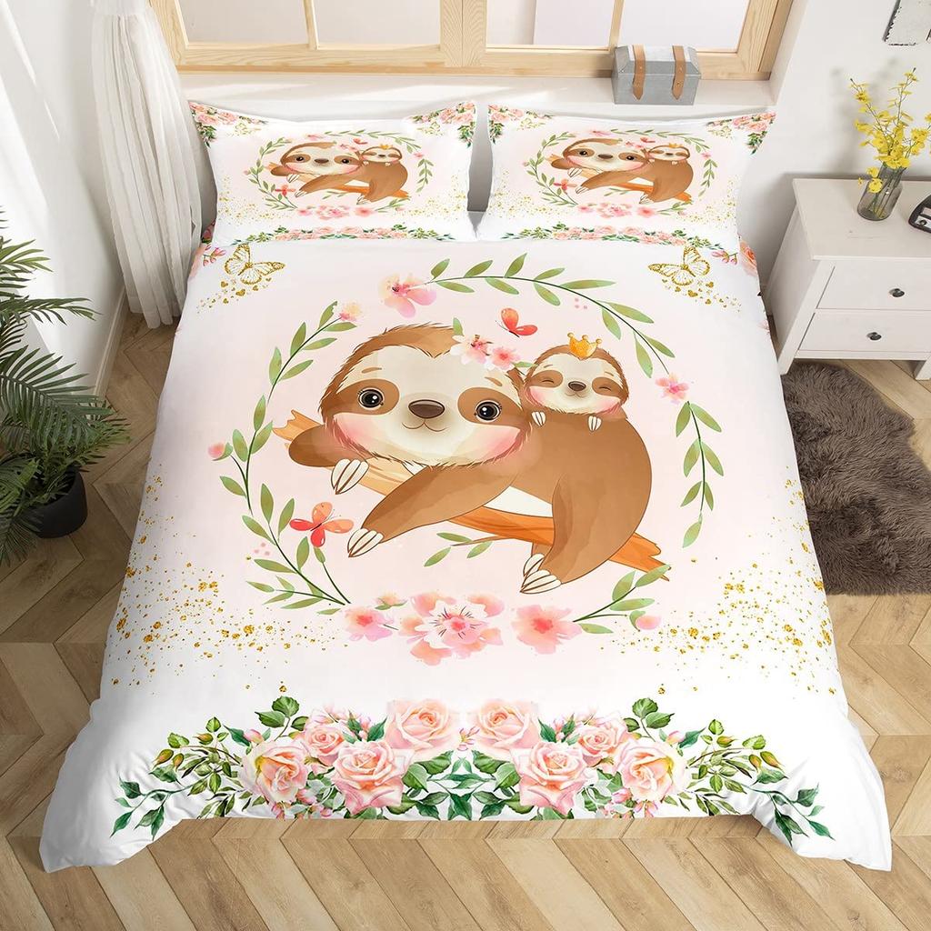 Kids Pink Rose Rabbit King Queen Duvet Cover Cartoon Animal Comforter Cover Rose Moon Floral Bedding Set Polyester Quilt Cover
