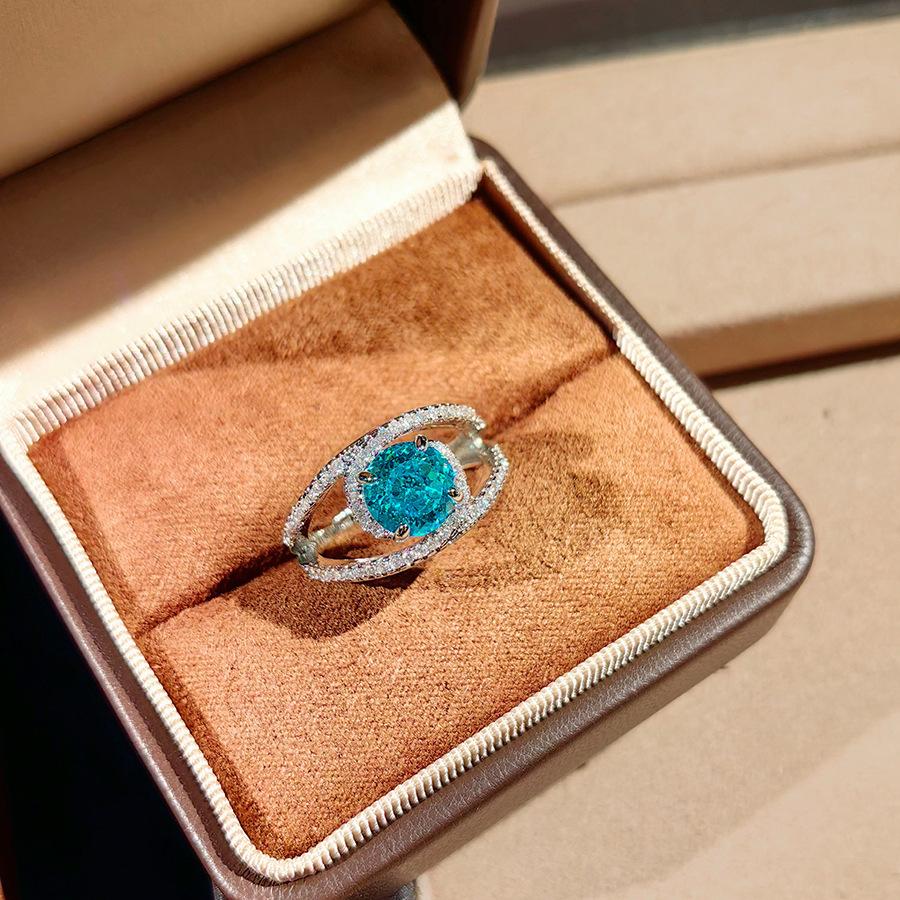 Fashion Light Luxury Tanzanian Blue Crushed Ice Flower Cut Ring Inlaid With High Carbon Diamonds Bird'S Nest Cut Simple Temperament Sea Blue