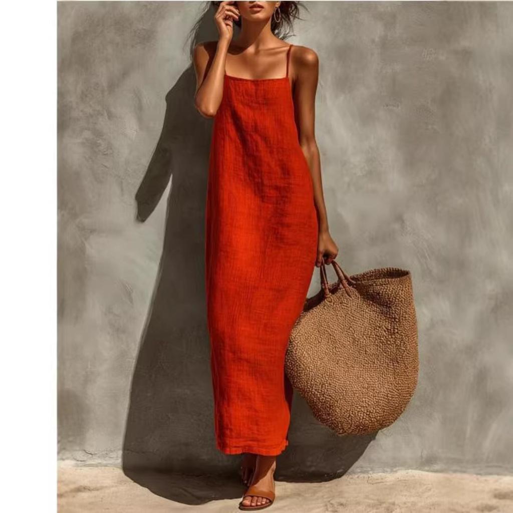Summer New Solid Color Suspender Wide Truffle Back Sleeveless Dress