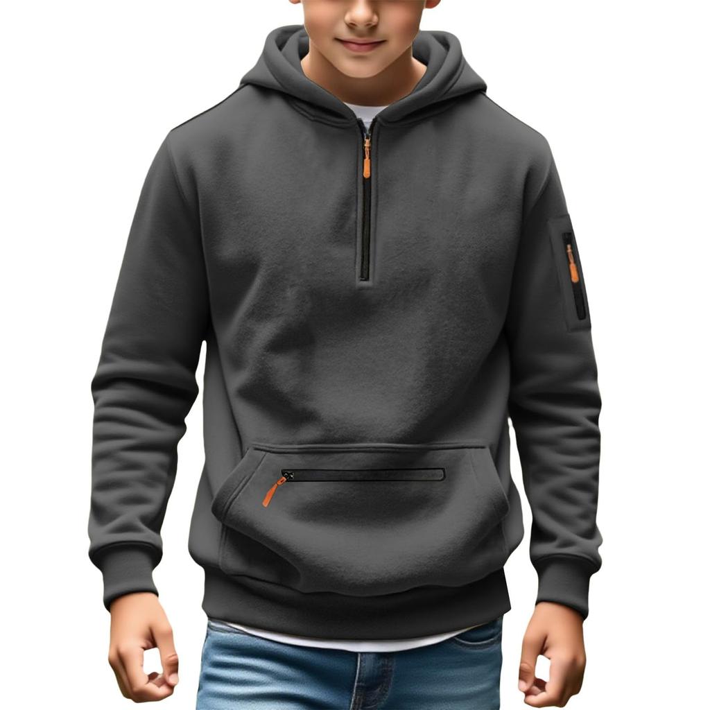Boys' Fashion Solid-Color Pullover Hoodie With Round Neck