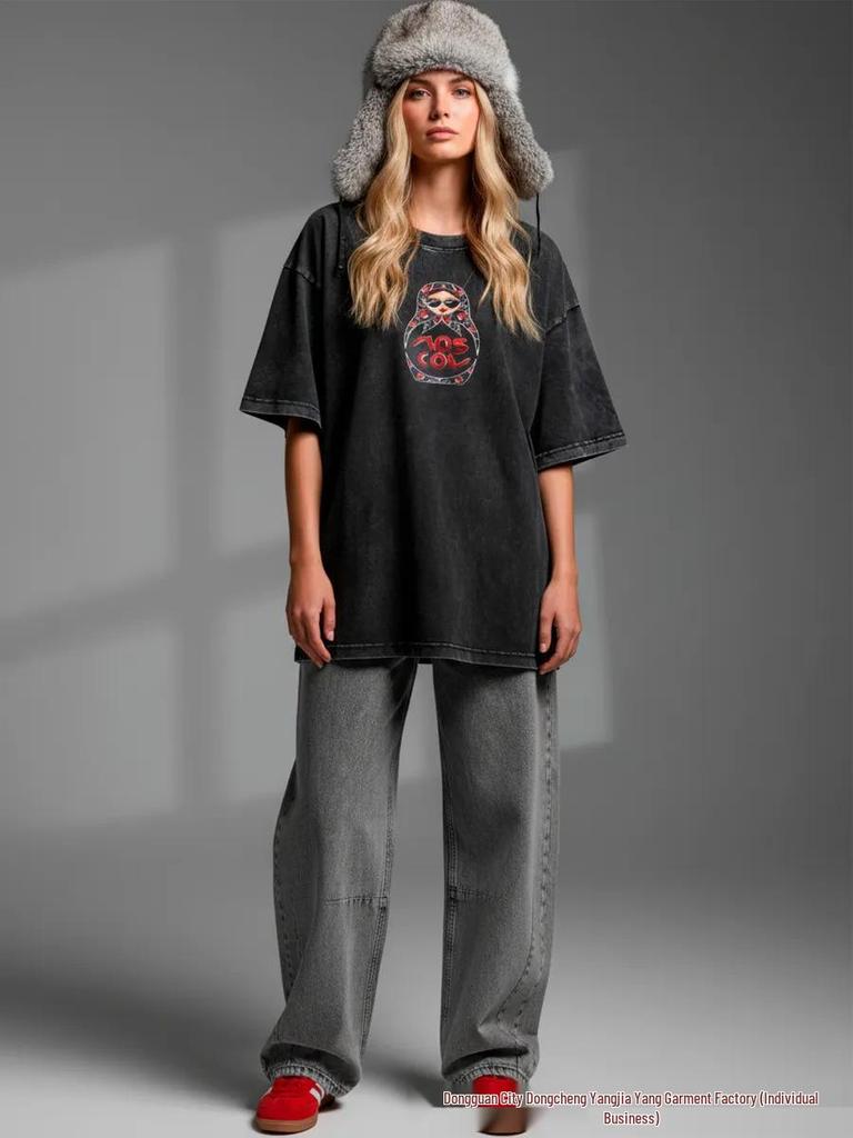 Retro americký styl 100% bavlna Oversized Zábavný potisk Tričko