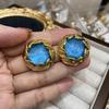 Brincos de Tarraxa Ji Fan Xi Azul Celeste Esmaltado Lava Cobre Banhado a Ouro Real Estilo Antigo Ocidental Estilo Corte Brincos Marcados