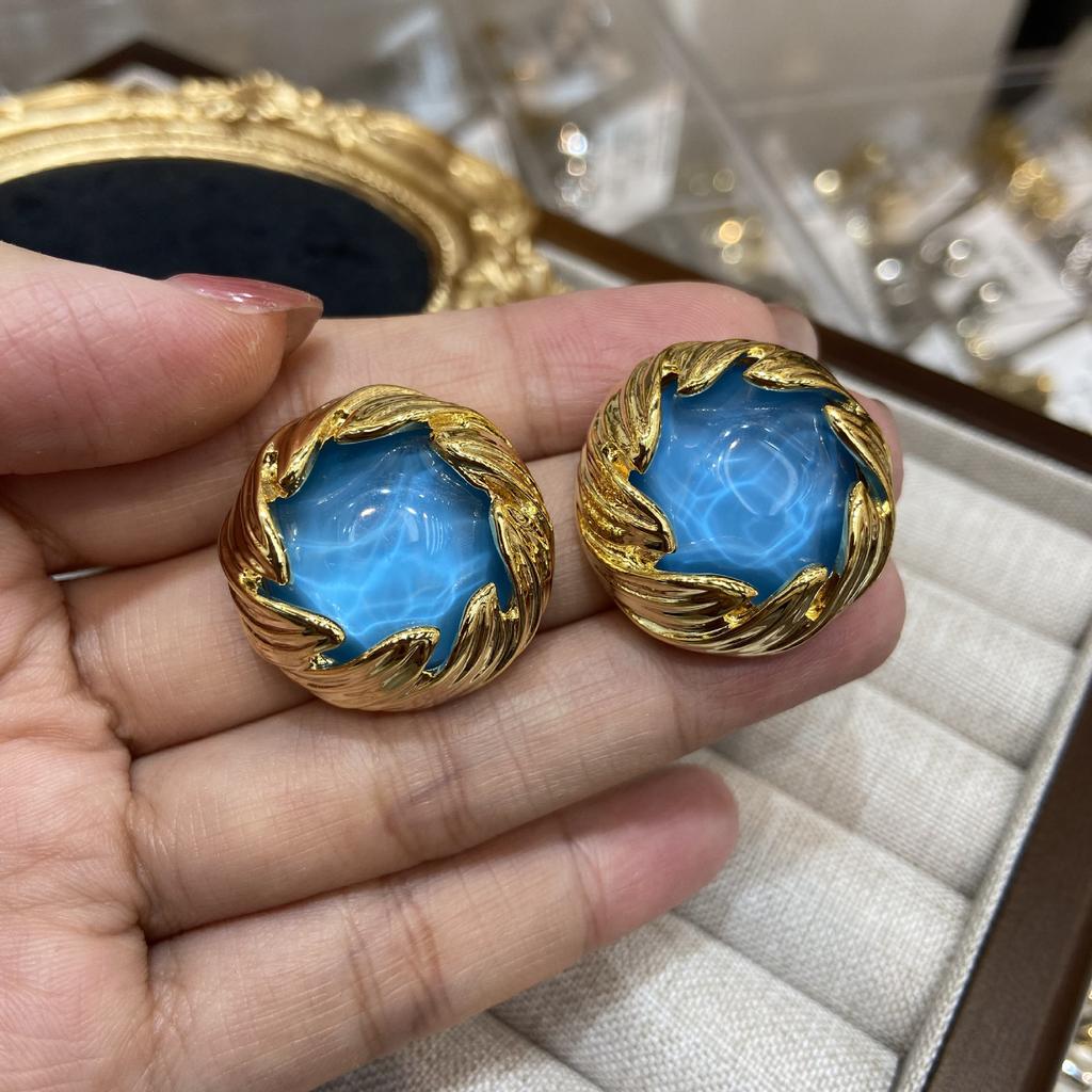 Ji Fan Xi Lava Sky Blue Glazed Stud Earrings Vintage Copper Plated Real Gold Western Antique Court Style Marking Earrings