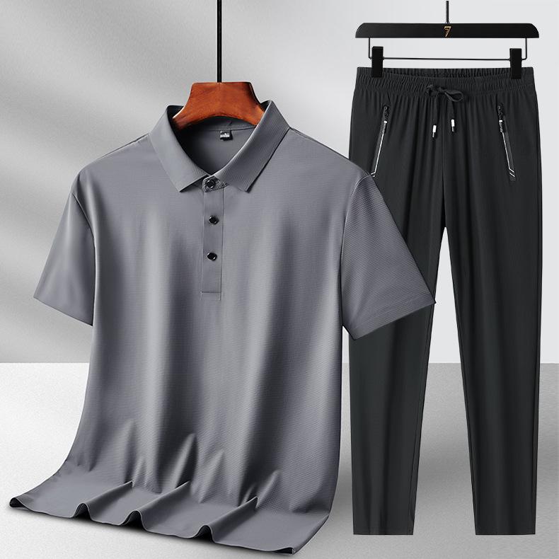 Men's Summer Ice Silk Two-Piece Set: Short Sleeve Top & Long Pants - Casual Sportswear for Father's Day Gift
