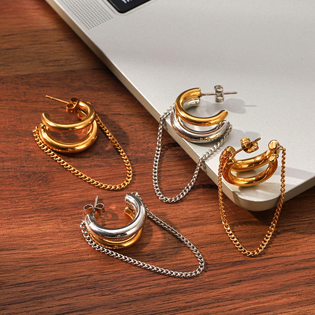 New double-line C-shaped earrings, light luxury high-end gold and silver color-block tassel ear jewelry