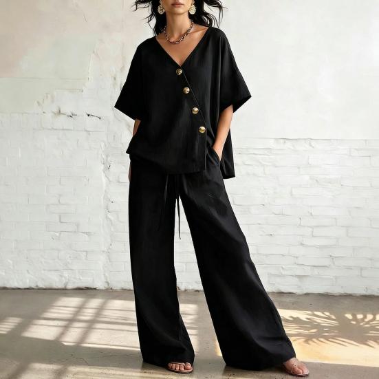 Conjuntos de Dos Piezas para Mujer Top de Manga Corta con Botones y Cuello en V y Pantalones Largos con Cordón Conjuntos de Verano para Estar en Casa