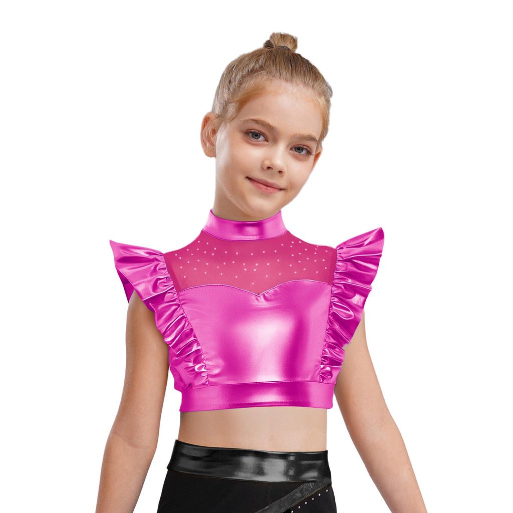 Kids Dance Shirt Metallic Mock Neck Mesh Patchwork Rhinestone Ruffle Crop Top with Press Buttons