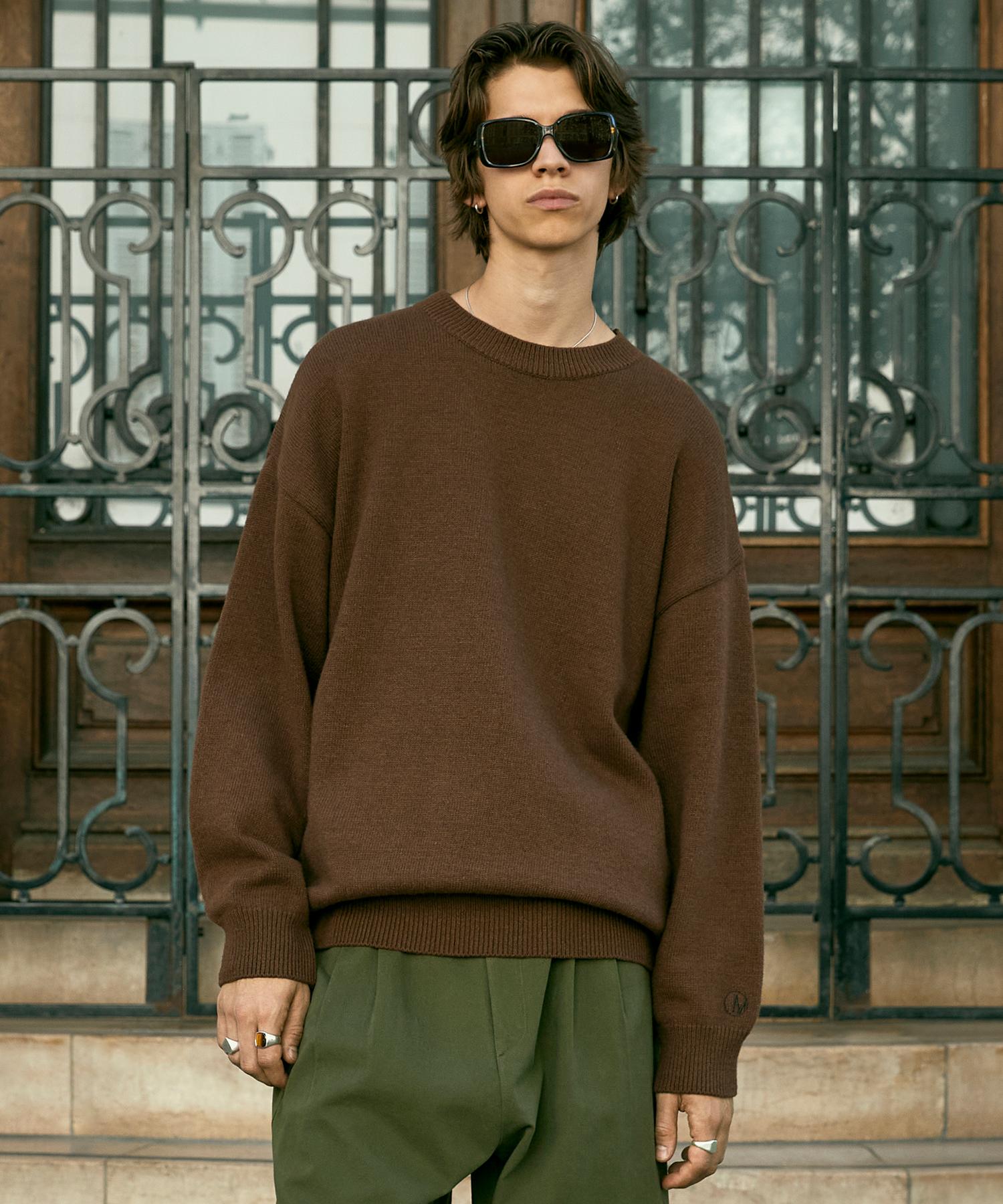 Minimal Project Wool Embroidered Round Knit Mnt103 [Brown] Brown/S
