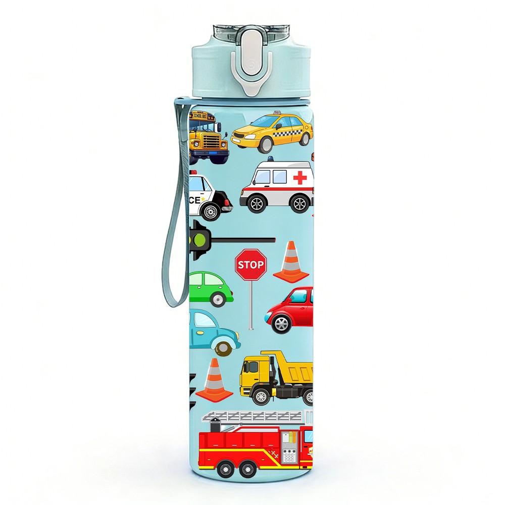 1PC Mini Toy Vehicle Group Cartoon Print 750ml Color Plastic Sports Water Bottle Leakproof Flip Straw Lid Suitable for Sports Office Home Use