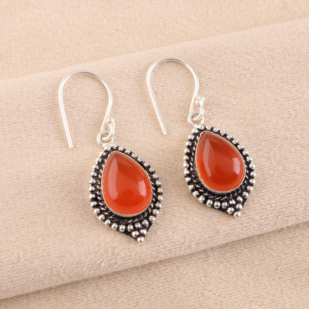 Carnelian Gemstone 925 Sterling Silver Handmade Gift Jewelry Hook Earrings 1.6" EE-164-22