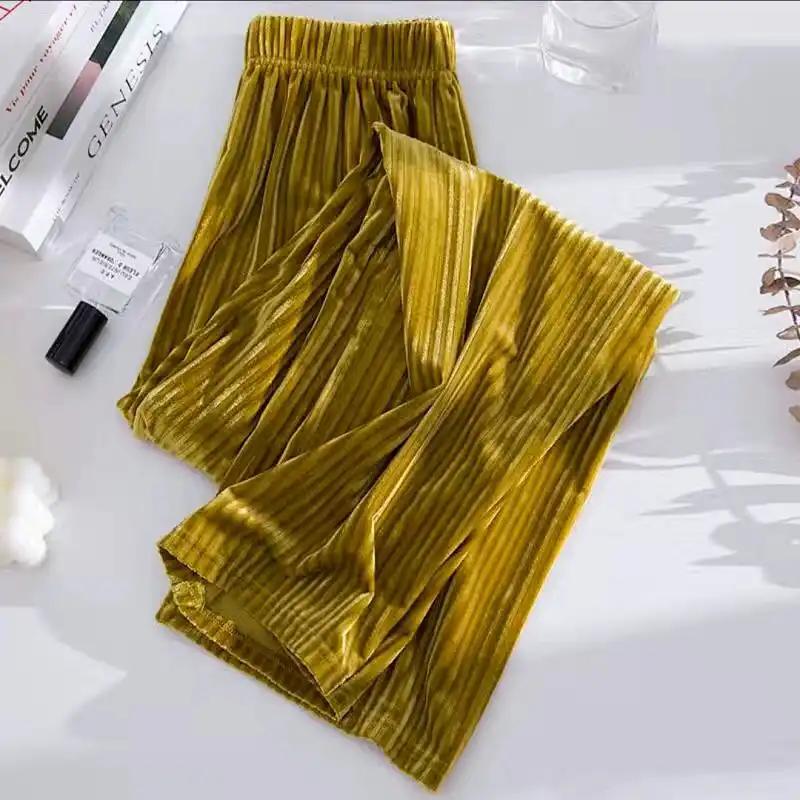

Women s Velvet Wide-Leg Pants Elastic High Waist Pleated Casual Trousers L золотий