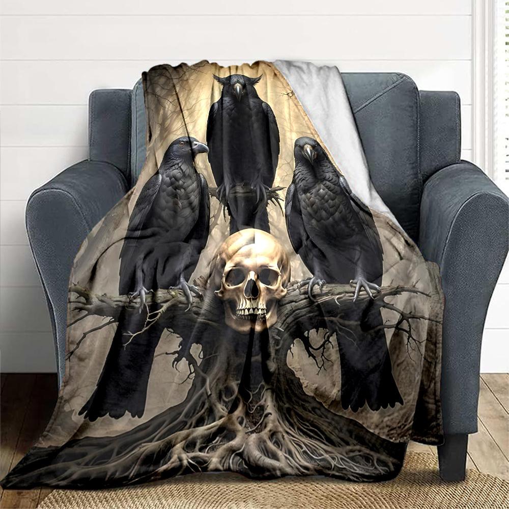 1PC Raven, Skull Blanket - Soft Warm All-Season Throw for Sofa, Bed, Car, Office, Throw For Sofa Yy250916093