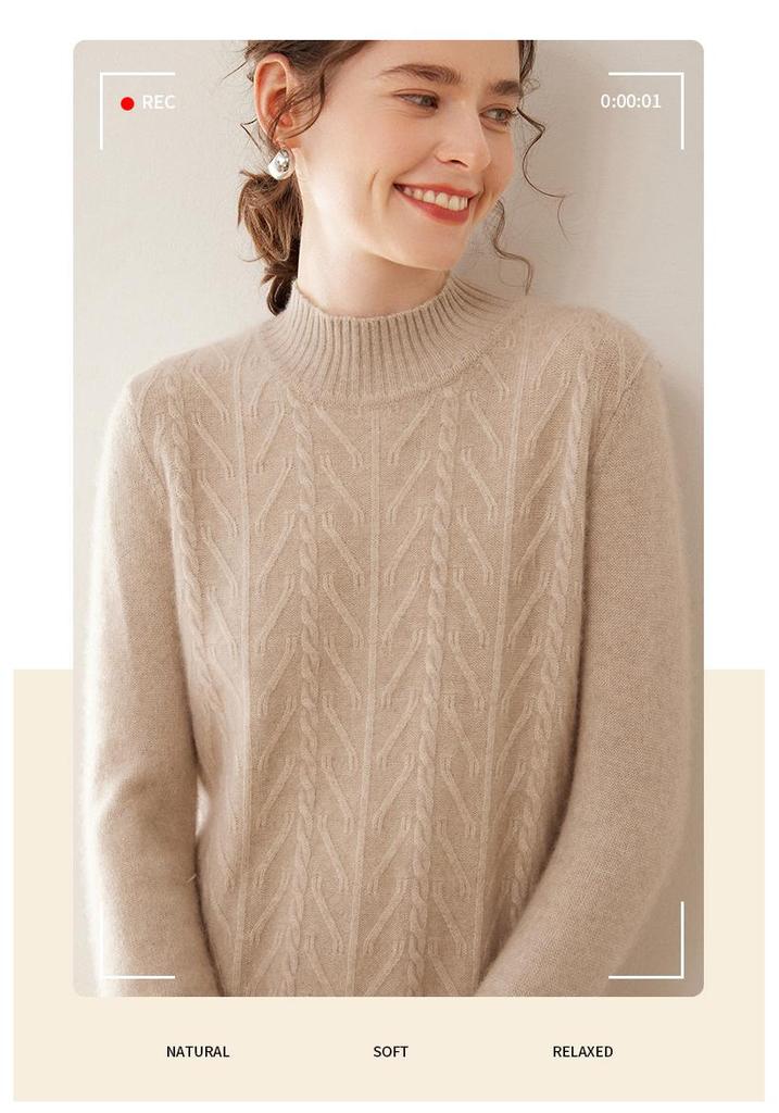 2024 Autumn/Winter Plus Size Cashmere Cable Knit Dress – Women's Mid-Length European/American Style with Half-High Neck