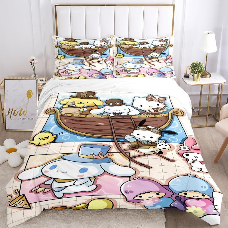 3pcs Cartoon Kitty On a Wooden Ship Bedding Set - Includes Quilt Cover and Pillowcases, Suitable for All Seasons,  H043