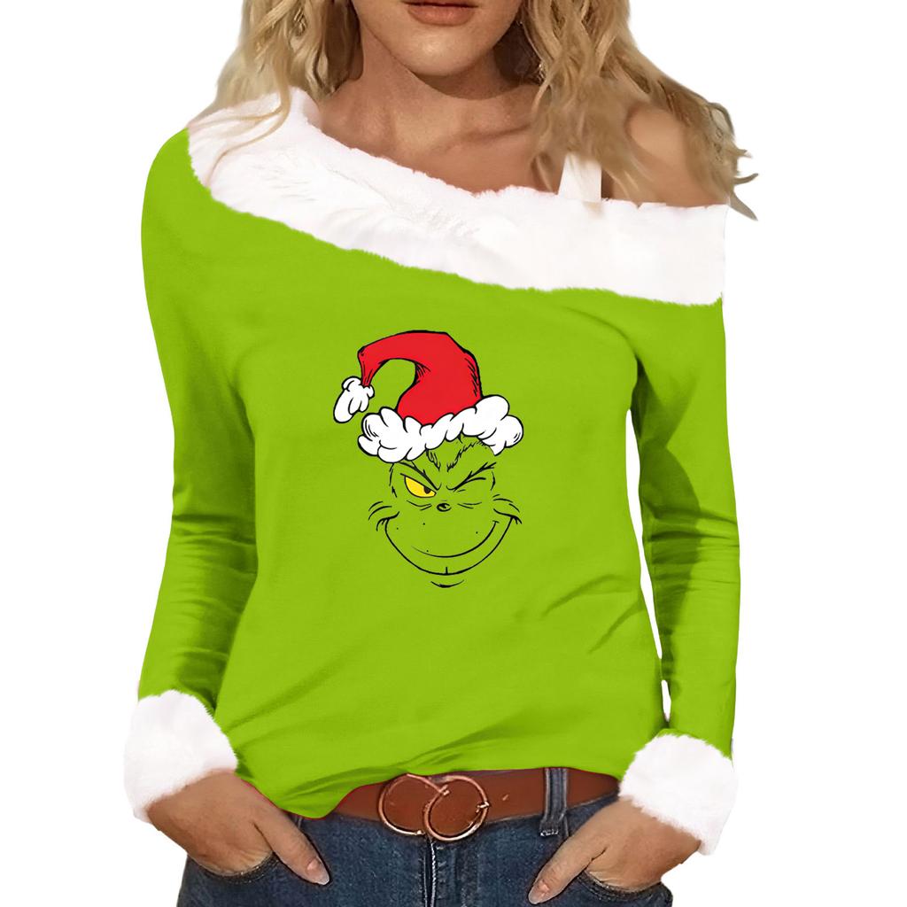 Women's Casual Fashion Sexy Off-Shoulder Collar Christmas Pattern Long Sleeve Crewneck T-Shirt Top