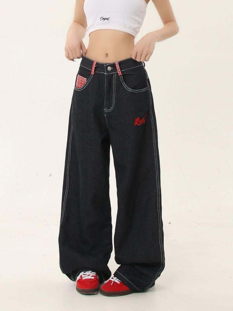 Jeans Rectos con Puño de Patchwork Cuadros Americanos - Pantalones Casuales Retro de Verano para Mujer