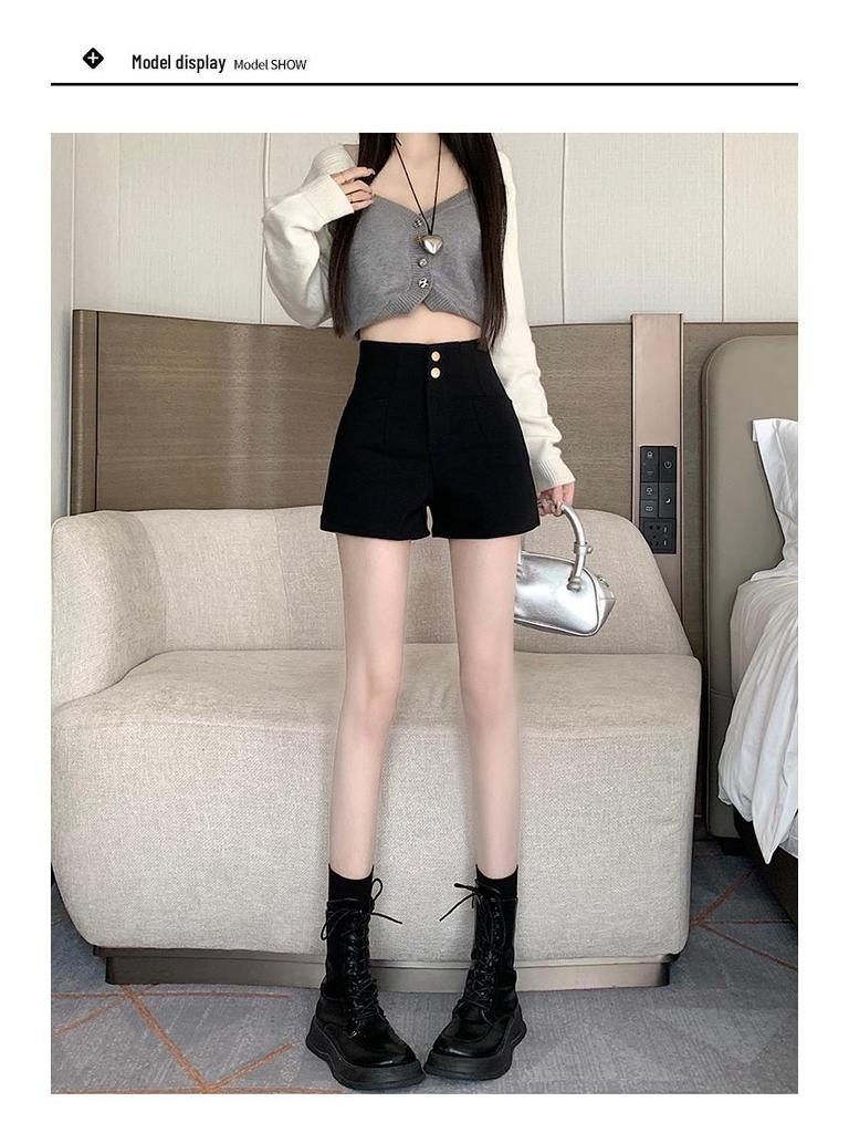 Women's High-Waist A-Line Black Suit Shorts - Summer 2024 - Slimming Fit with Elastic Waistband.
