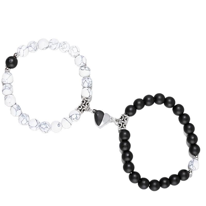 Matte Black & Turquoise Heart-Shaped Magnetic Couple Bracelets Set