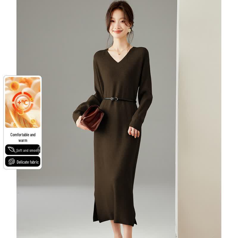 Snowflying French Elegant V-Neck Knitted Maxi Dress L
