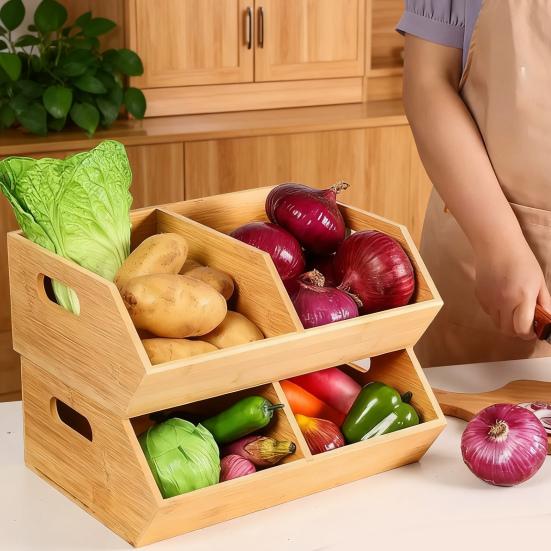 Yousheng Kitchen Bamboo Storage Bin Potato And Onion Storage Box with Handles Stackable Kitchen Organizer for Countertop Pantry Fruit Vegetable Snacks