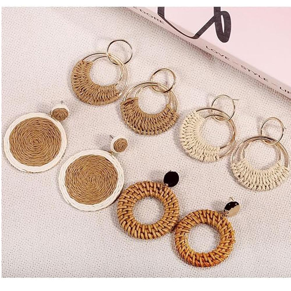 Bohemian Straw Hoop Earrings Natural Raffia Wicker Rattan Earrings for Women Summer Beach Party Festival Zircon