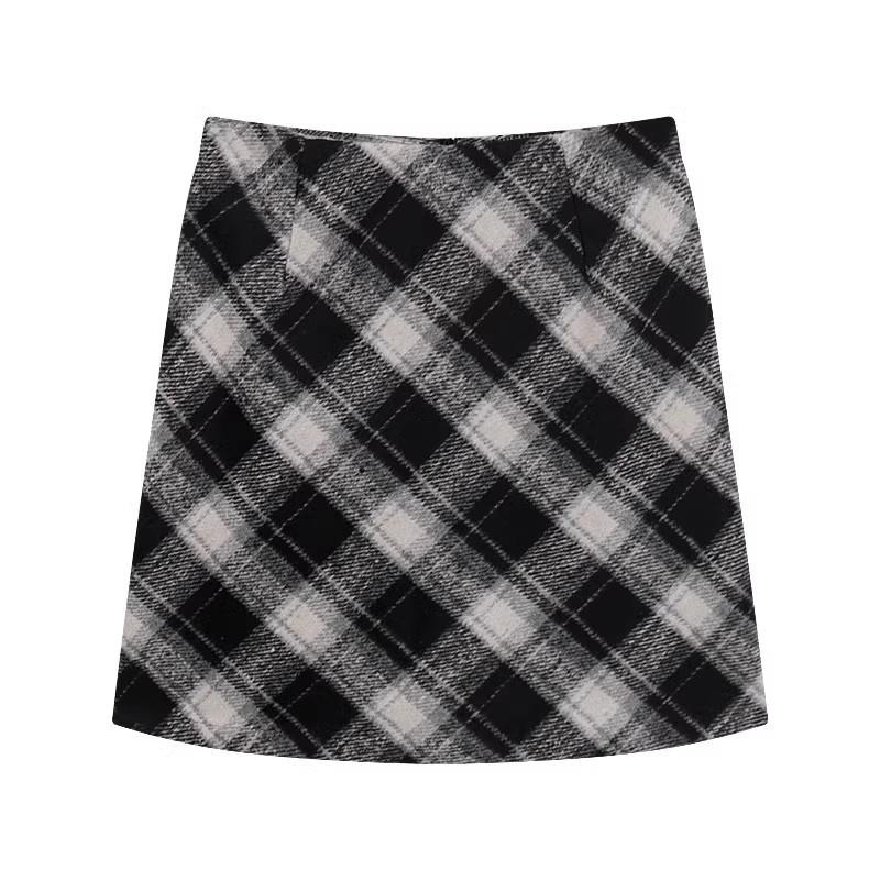 Plaid High-Waist A-Line Wool Skirt for Women – Winter Slimming Style