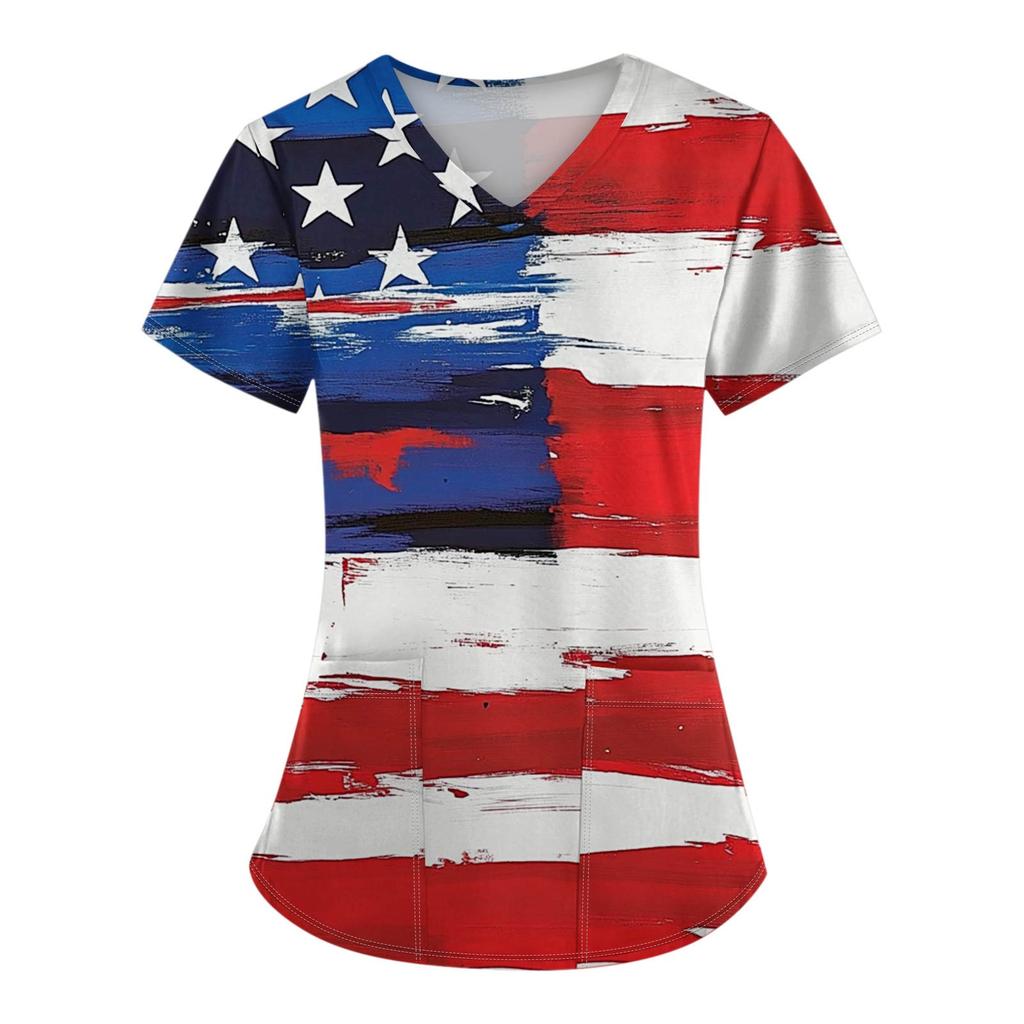 Women's Fashion V-Neck Short Sleeve Overalls With Pockets Independence Day Printed Tops  Clothes