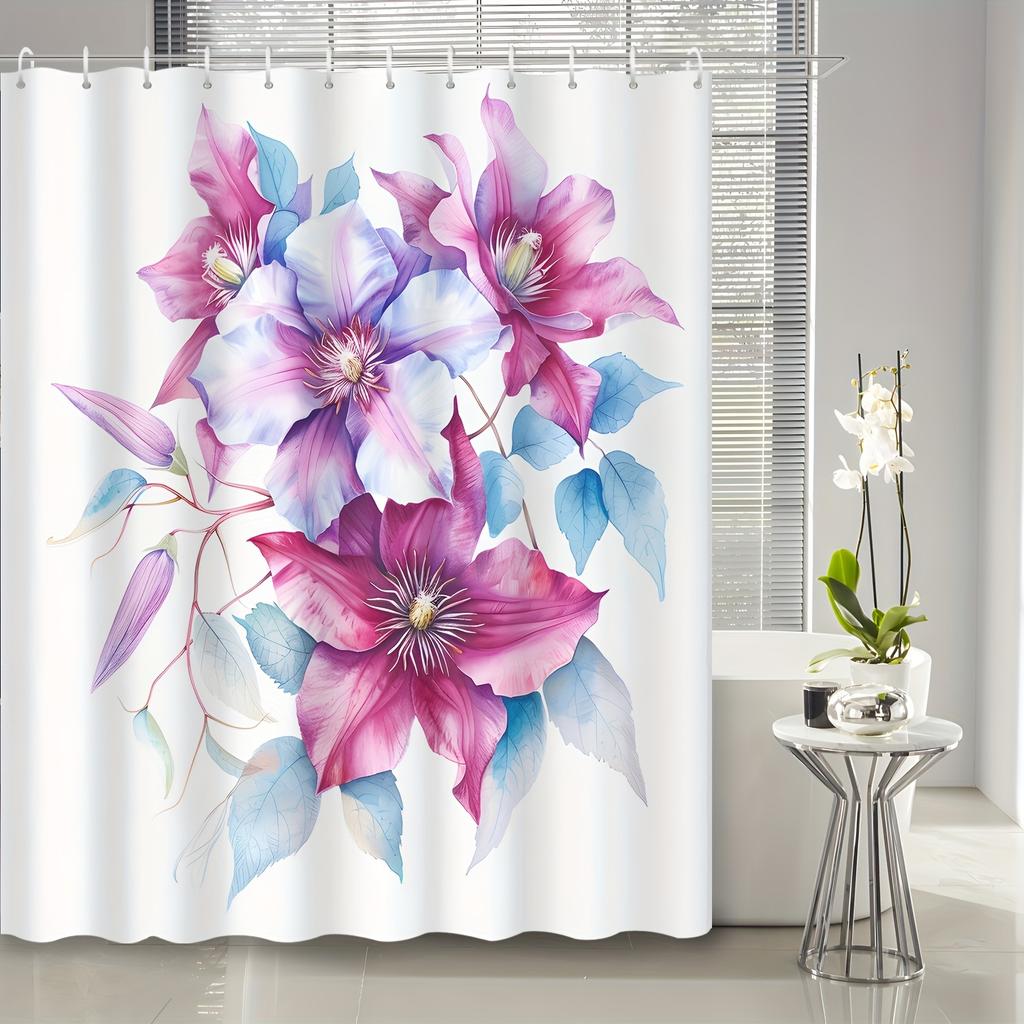 1pc watercolor purple flowers and plants shower curtain, decorative printed shower curtain, including 12 hooks, bath curtains,