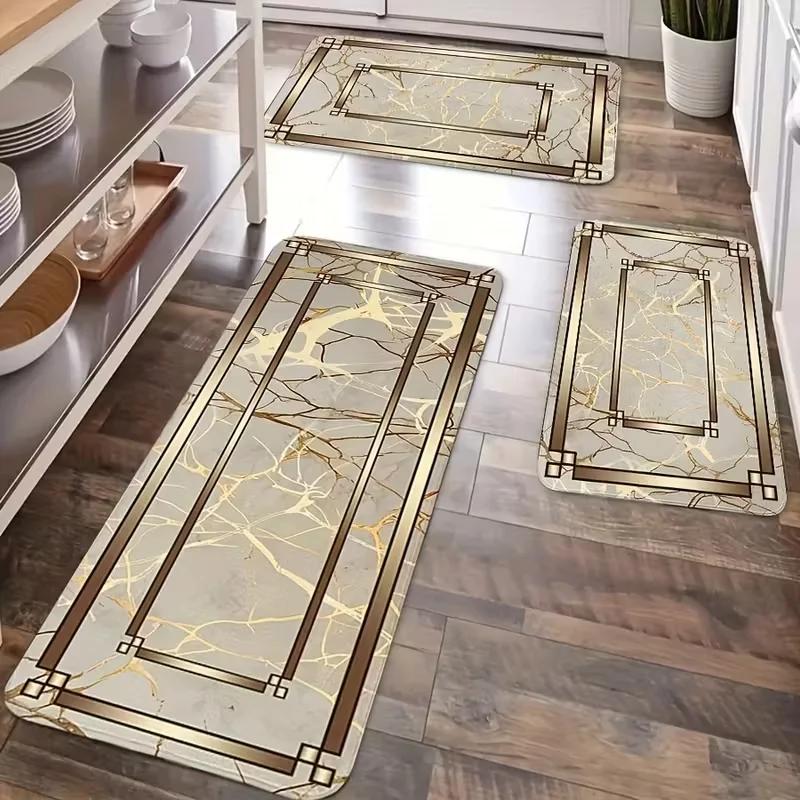 VIKAMA Marble Pattern Hallway Rug, Modern Gold Texture Rug, Non-Slip Kitchen & Entryway Mat, Breathable Indoor Rug