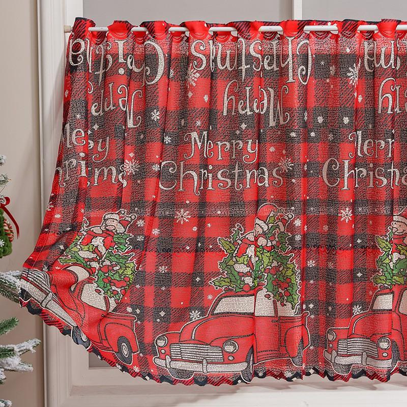 American Christmas Print Lace Curtain Short Window Valance Rectangular Decorative Kitchen Dining Bedroom