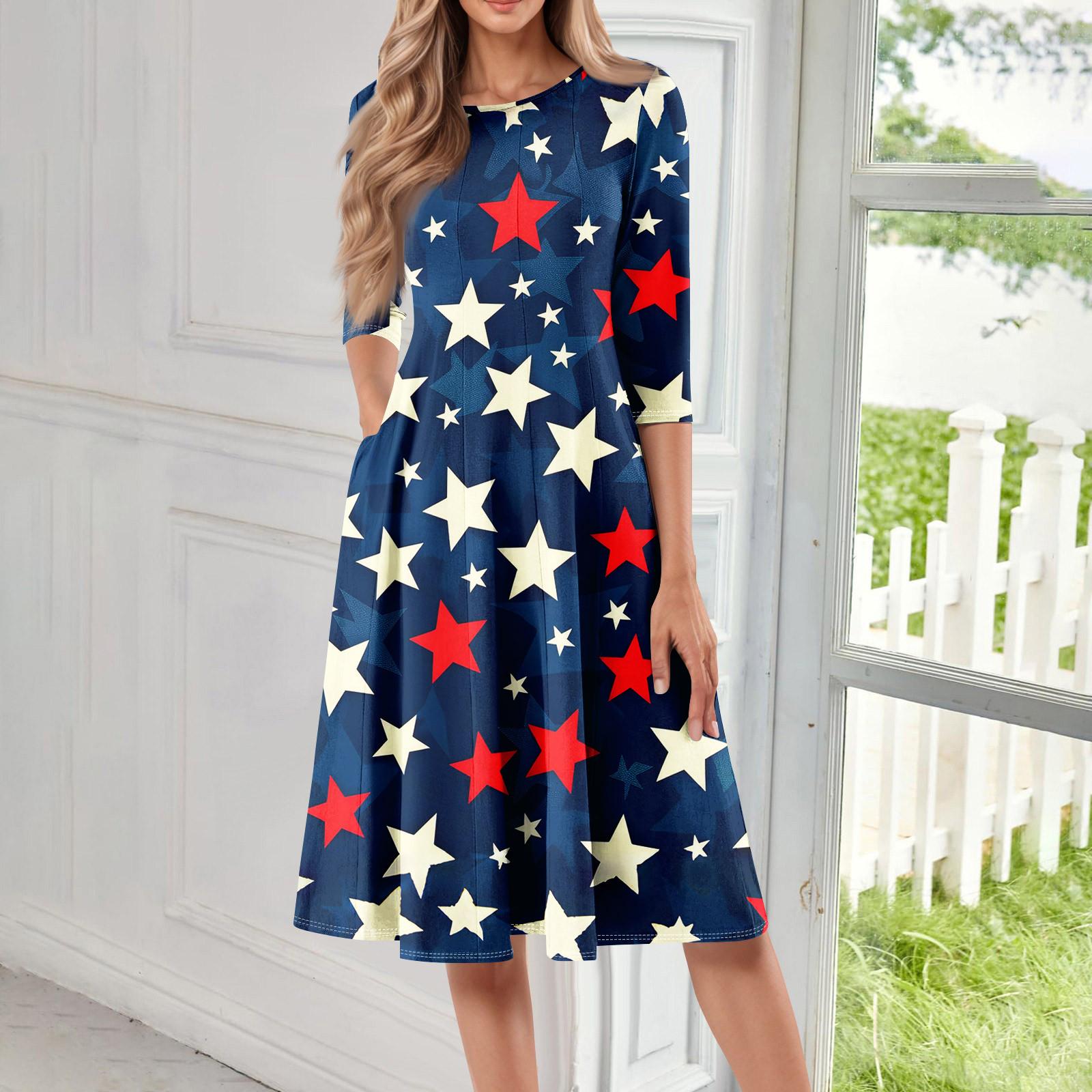 

Женское повседневное модное платье миди с круглым вырезом и рукавом три четверти с принтом «День независимости» L винный