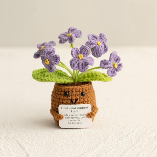 Heklet potteplante med positivt kort Emosjonell støtte Håndlaget strikket potteplante Dukke Stressreduserende leketøy Skrivebordsdekorasjon Ornament