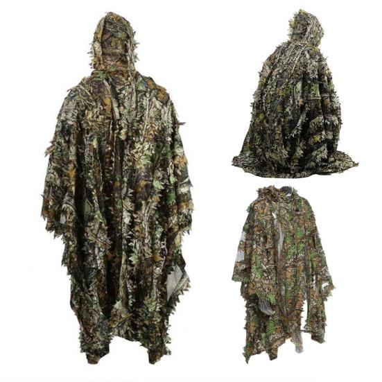 Camouflage Cape with Hidden Button 3D Leaves Hooded Disguise Clothes for Hunting Wildlife Photography CS Games Ghillie Suit Cloak