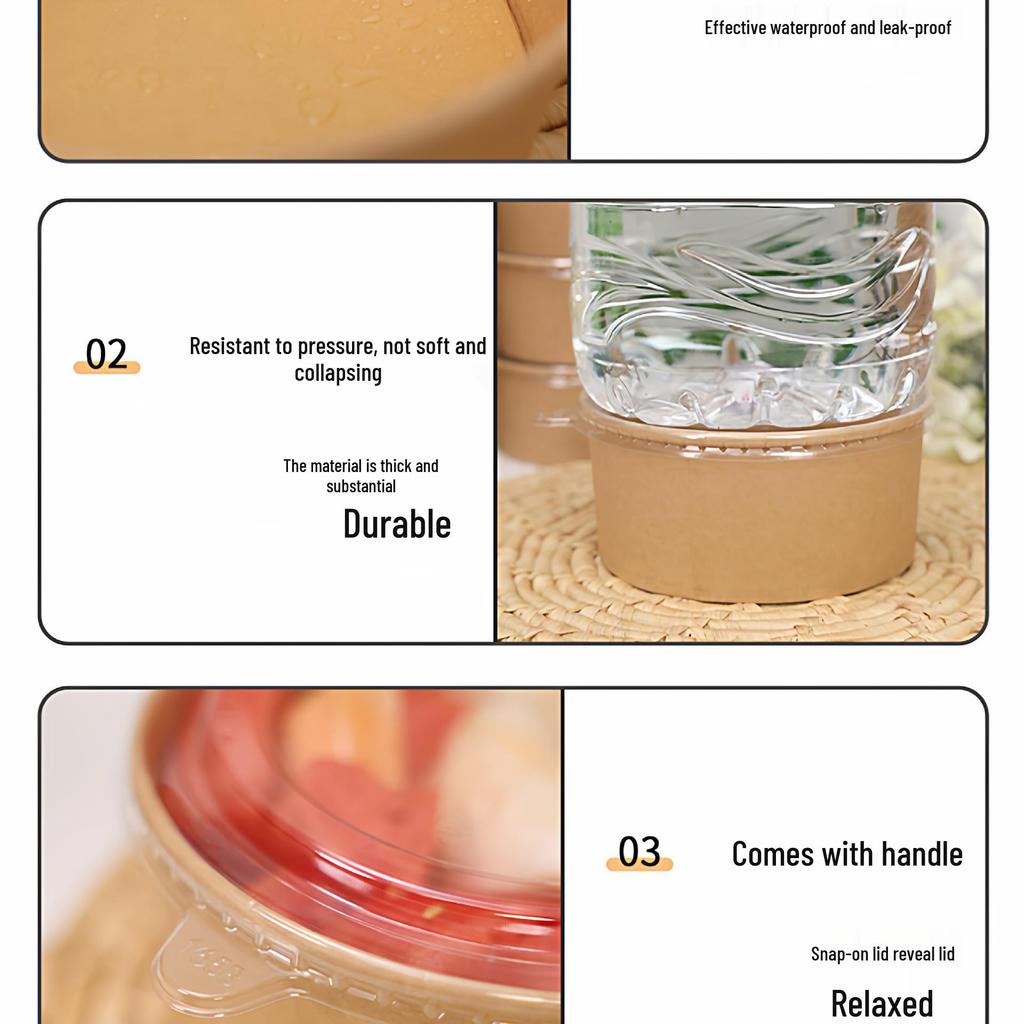 Cheng Yuan Thickened Waterproof and Oil-Proof Round Kraft Paper Food Container with Lid for Takeout and Salad Packaging