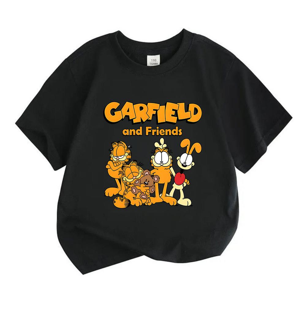 Unisex Boys Girls Crew Neck Short Sleeve 100% Cotton T-Shirt, Cute Orange Fat Cat and Friends Cartoon Print Casual Comfortable Daily Wear Summer Top f