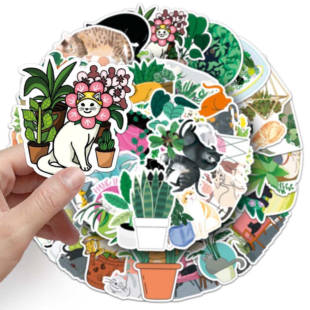 50 Cats and Plants Doodles Personalized Small Fresh Plants Children's DIY Water Cup Suitcase Stickers Waterproof