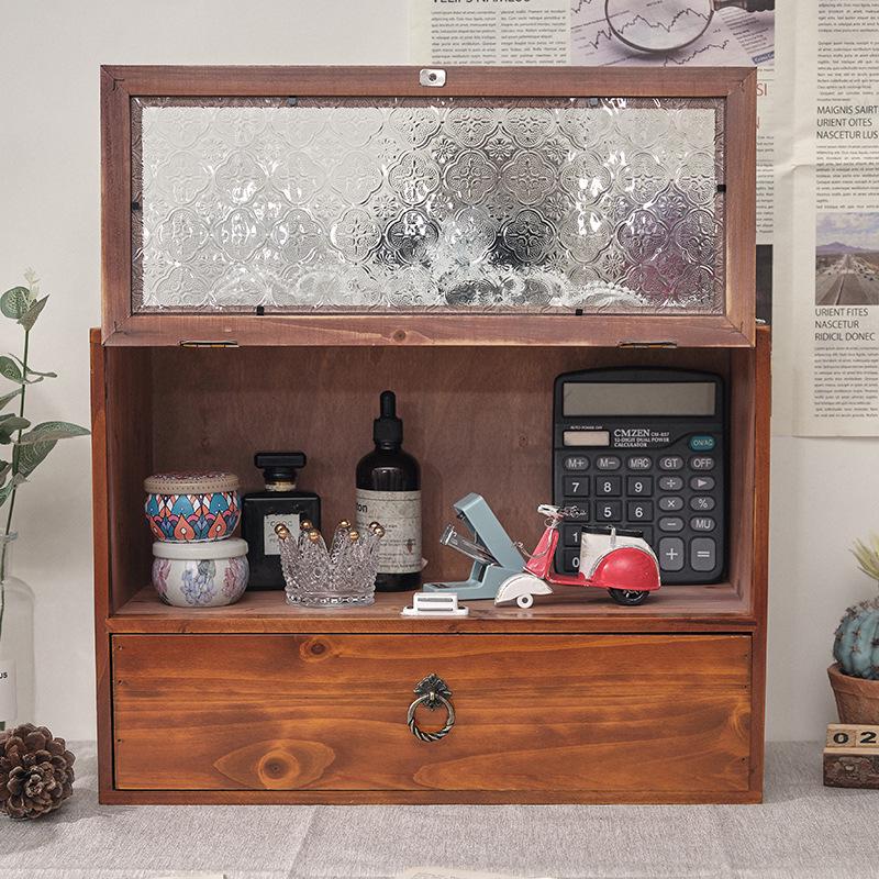 Retro Flip-Top Desktop Storage Box with Drawer and Cup Holder