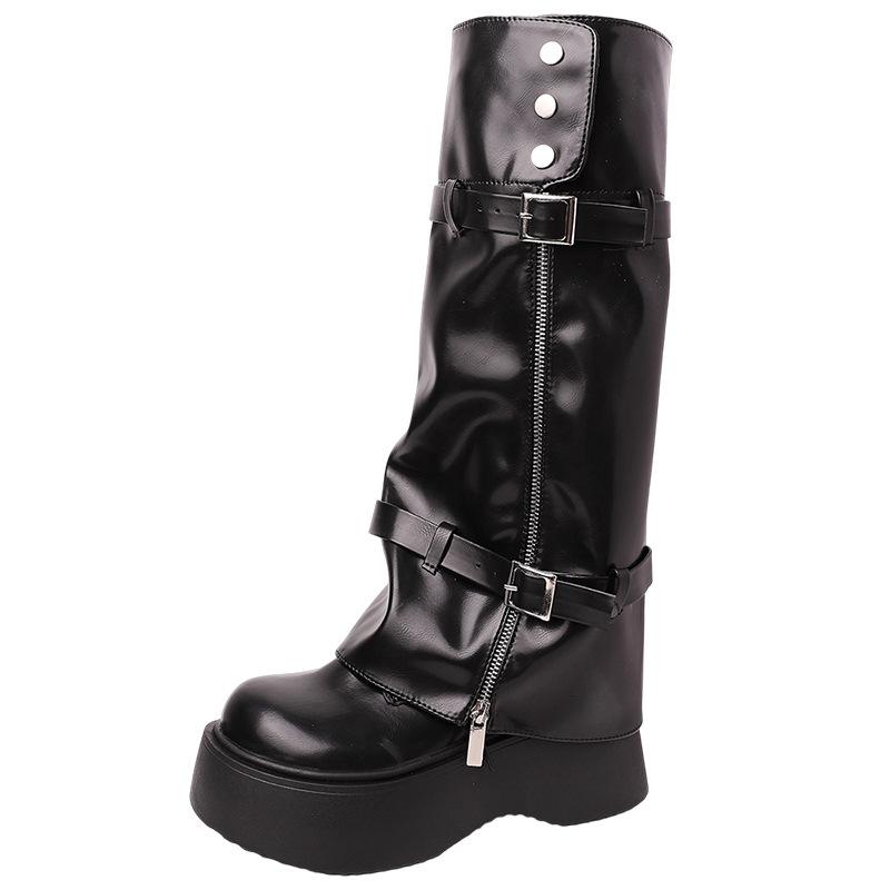 Fashion Side Zipper Leather Boots Women's Platform Removable Boots Single Shoes Maillard But Knee Pant Pants Boots Knight Boots