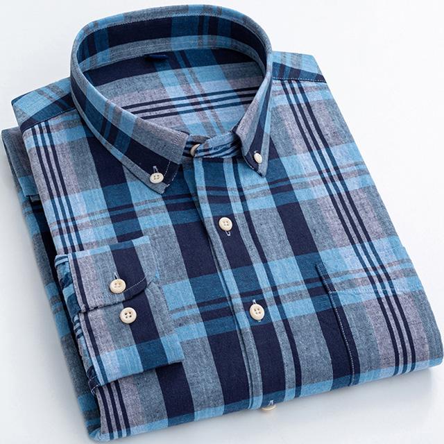 Men's Classic Fit Casual Plaid Linen Cotton Shirt Single Pocket Button-down Comfortable Soft Long Sleeve Stripe Checked Shirts